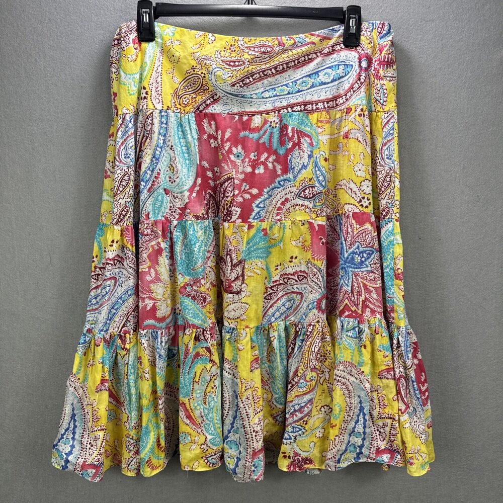 Ralph Lauren LRL Skirt Women's XL Yellow Linen Tiered Paisley Bohemian Peasant - Picture 2 of 8